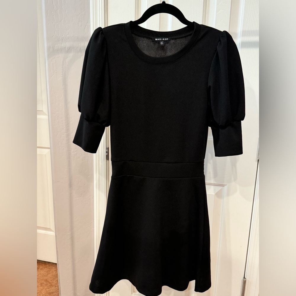 Max + Ash Womens Dress A line Puff Short Sleeves Short Stretch Black Small